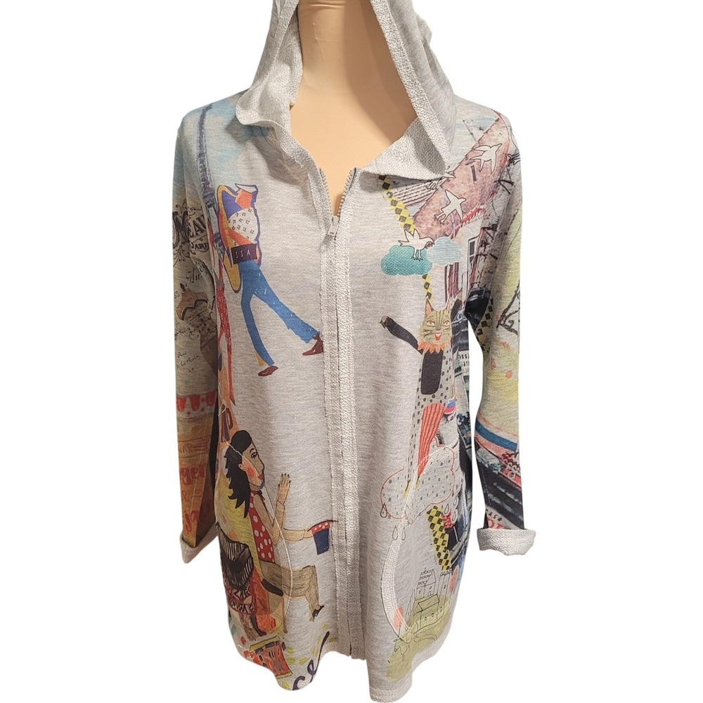 Inoah Zip Hoodie Gray S Paris Cat Graphic Art Print Lagenlook Made in USA Boho